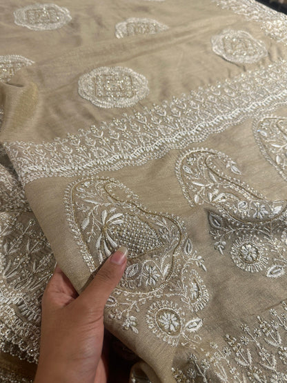 Natural Shade Fine Chikankari Ari Tissue Silk Dupatta