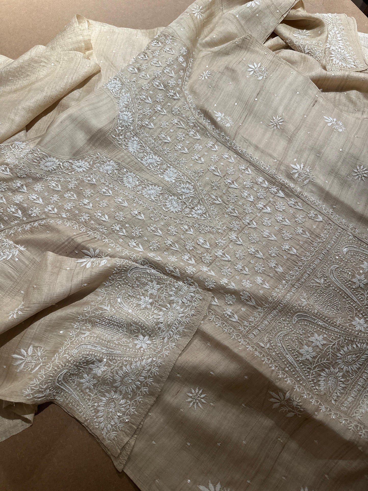 Semi Stitched Natural Shade Tussar Silk Chikankari Kurta Dupatta Sets