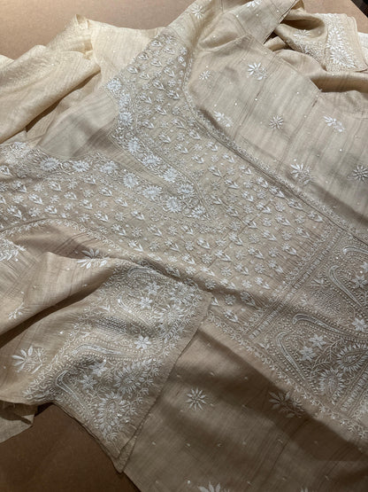 Semi Stitched Natural Shade Tussar Silk Chikankari Kurta Dupatta Sets