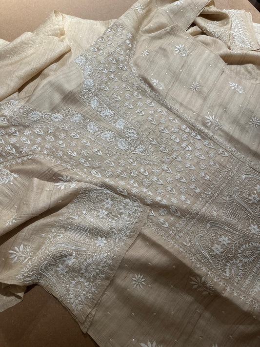 Semi Stitched Natural Shade Tussar Silk Chikankari Kurta Dupatta Sets