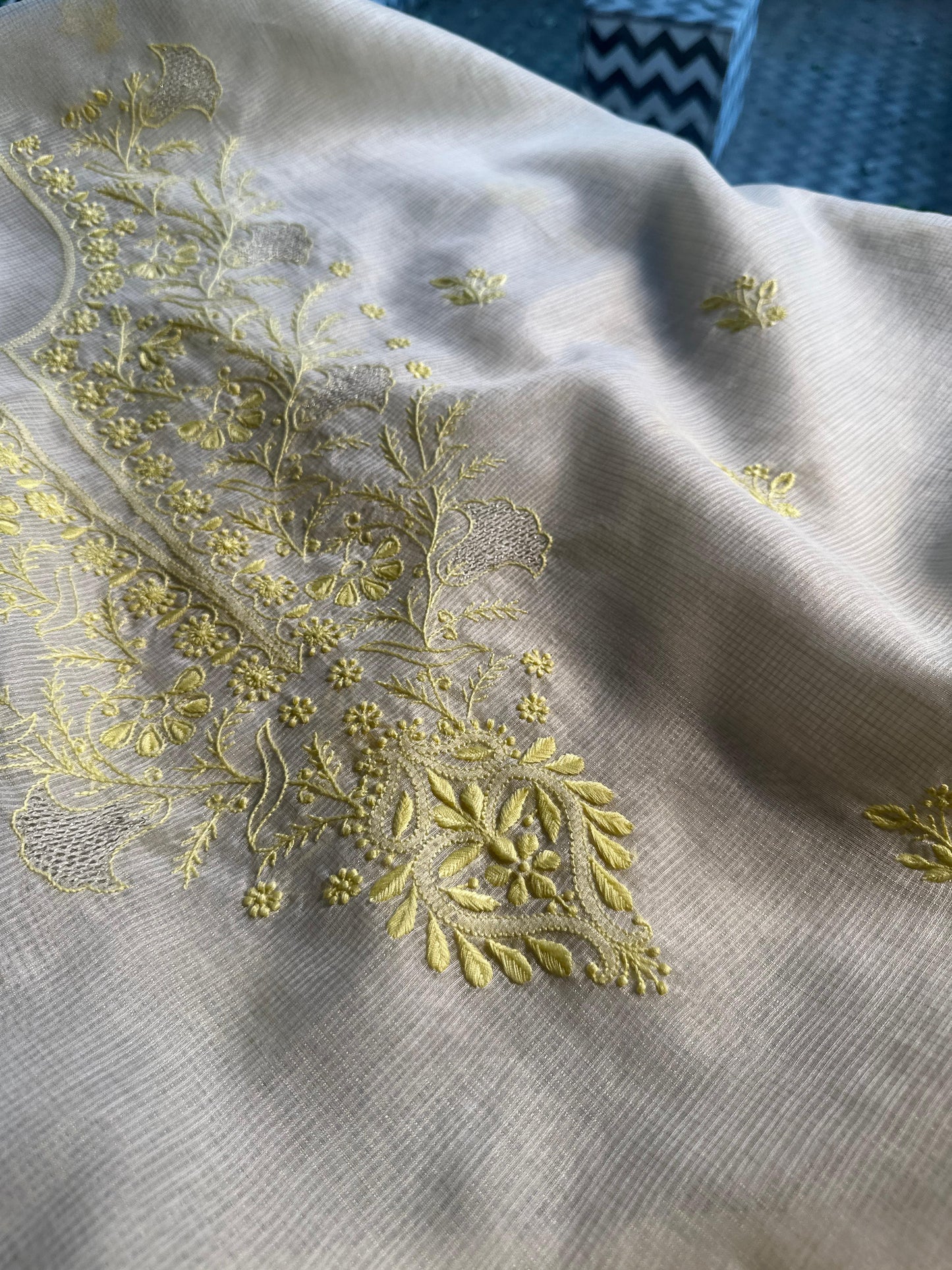 White & Lemon Kota Chikankari Unstitched Fabric