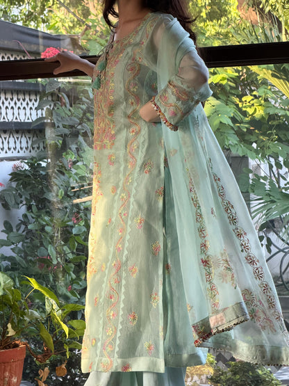 Mint Blue Multi Coloured Noor Organza Resham Chikankari Kurta Set