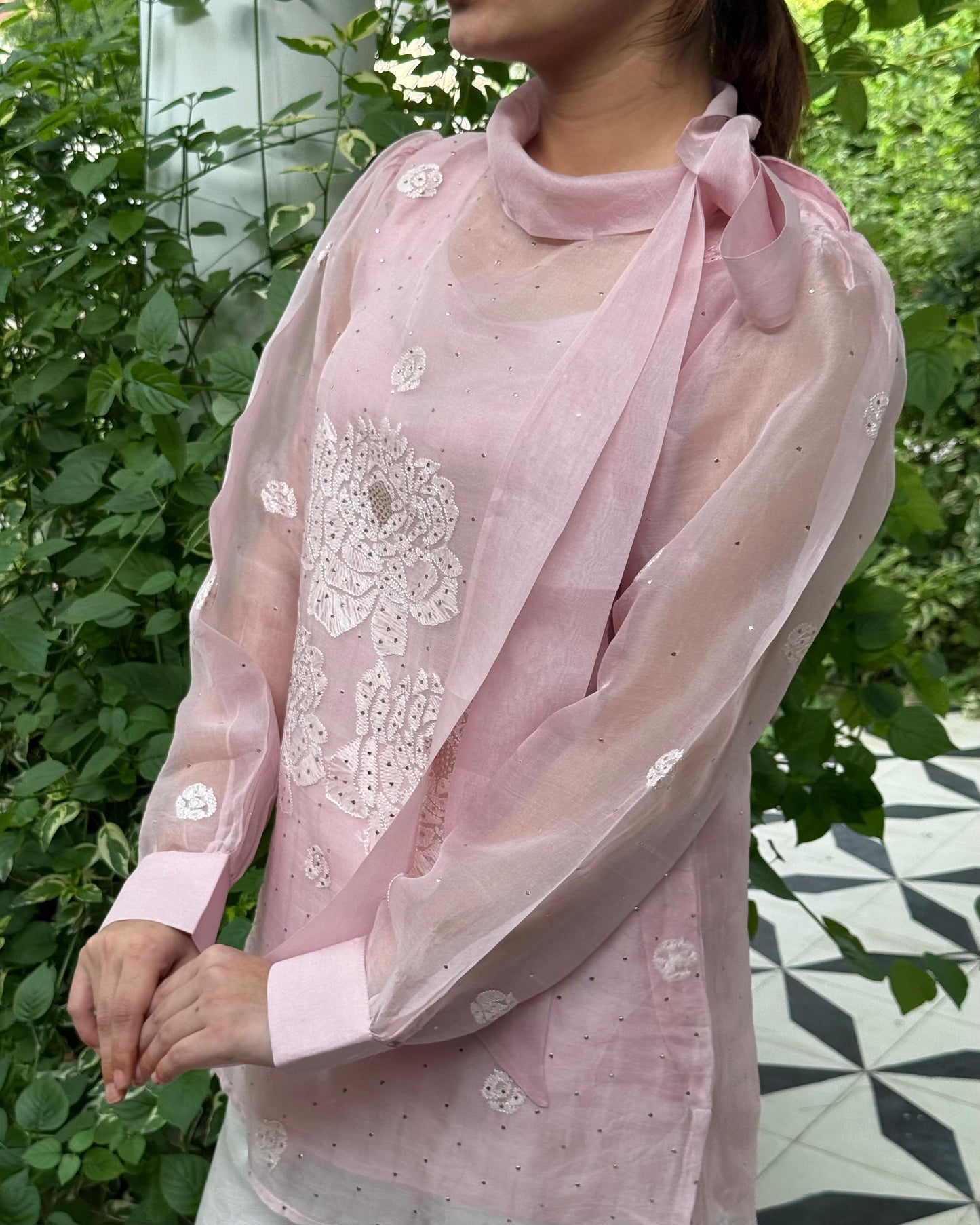 Baby Pink Noor Organza Resham Chikankari Short Top With Bow Tie