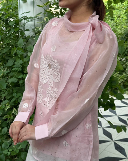 Baby Pink Noor Organza Resham Chikankari Short Top With Bow Tie