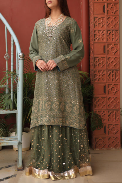 Mehndi Green Chikankari Pure Georgette Kurta Gharara Set with Kalamkari Dupatta