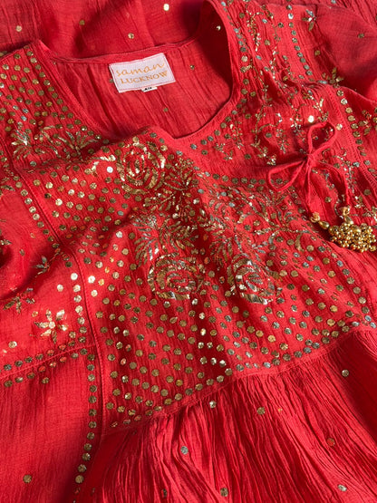 Red Mukaish Kamdani Mul Chanderi Angarkha