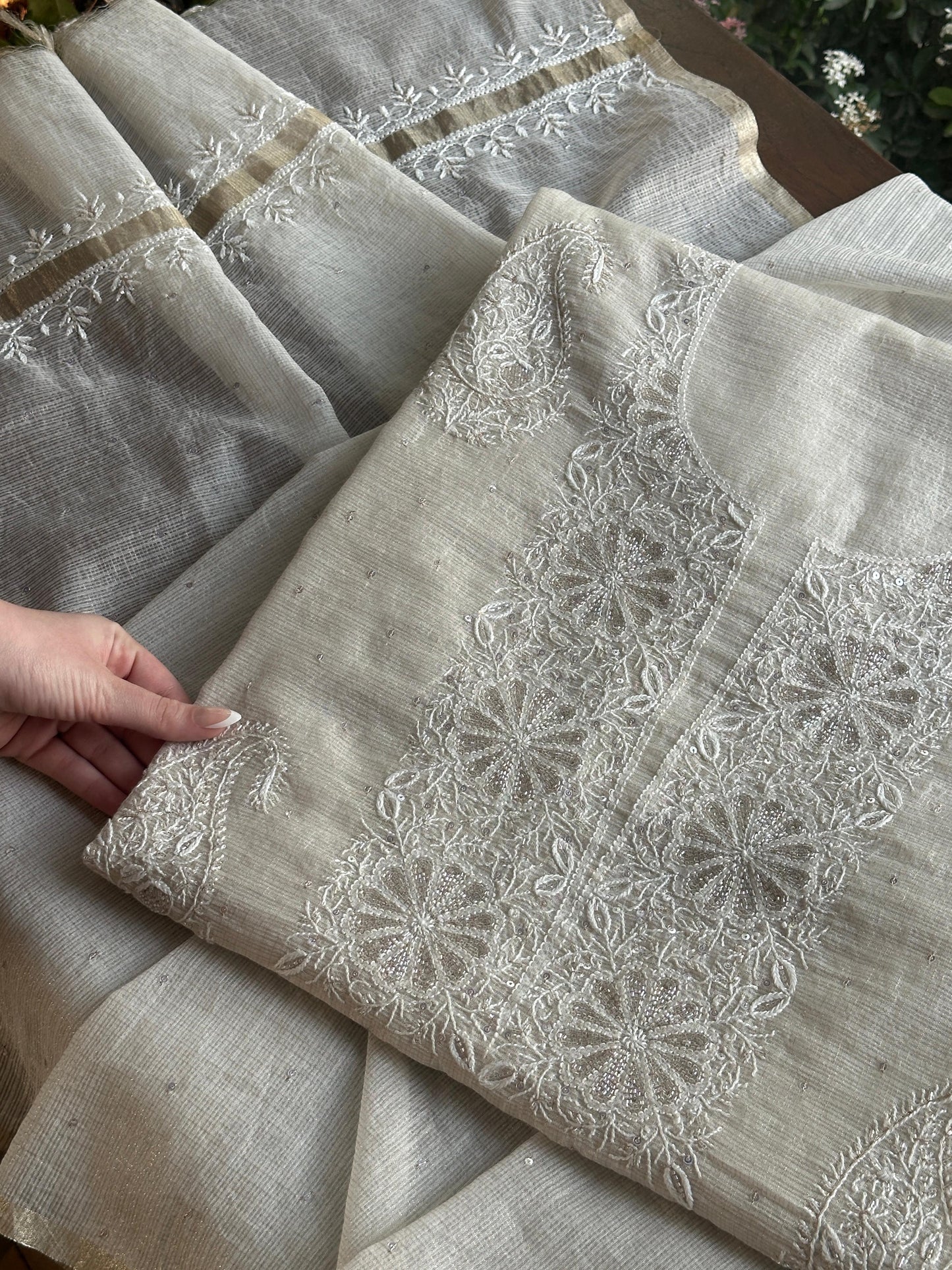 Off White Shade Tissue Zari Kota Chikankari Unstitched Fabric