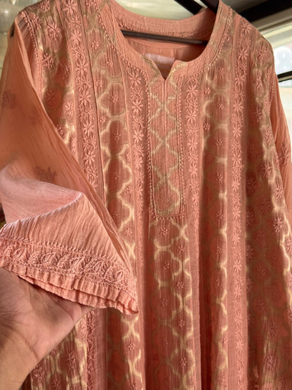 Coral Peach Zari Chanderi Chikankari A Line Kurta with Slip