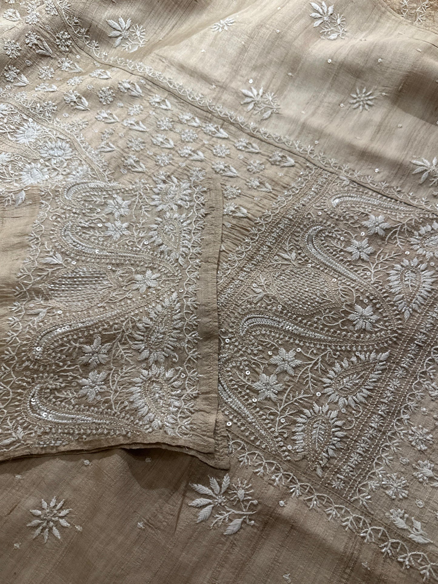 Semi Stitched Natural Shade Tussar Silk Chikankari Kurta Dupatta Sets