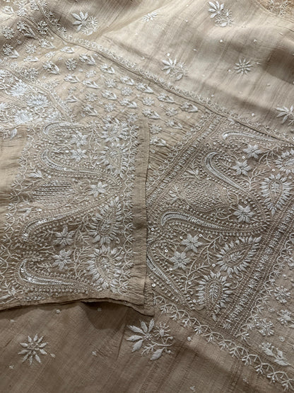 Semi Stitched Natural Shade Tussar Silk Chikankari Kurta Dupatta Sets