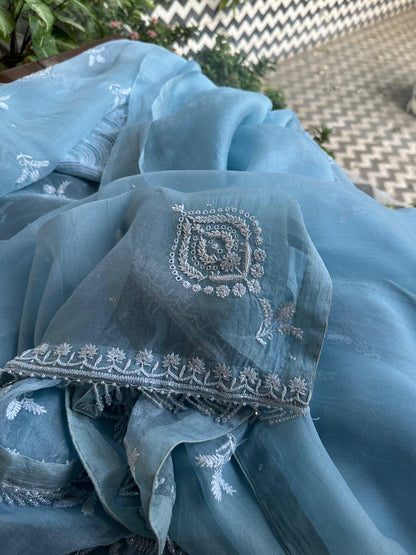 Powder Blue Noor Organza Banarasi Silk Chikankari Unstitched Kurta Dupatta Set