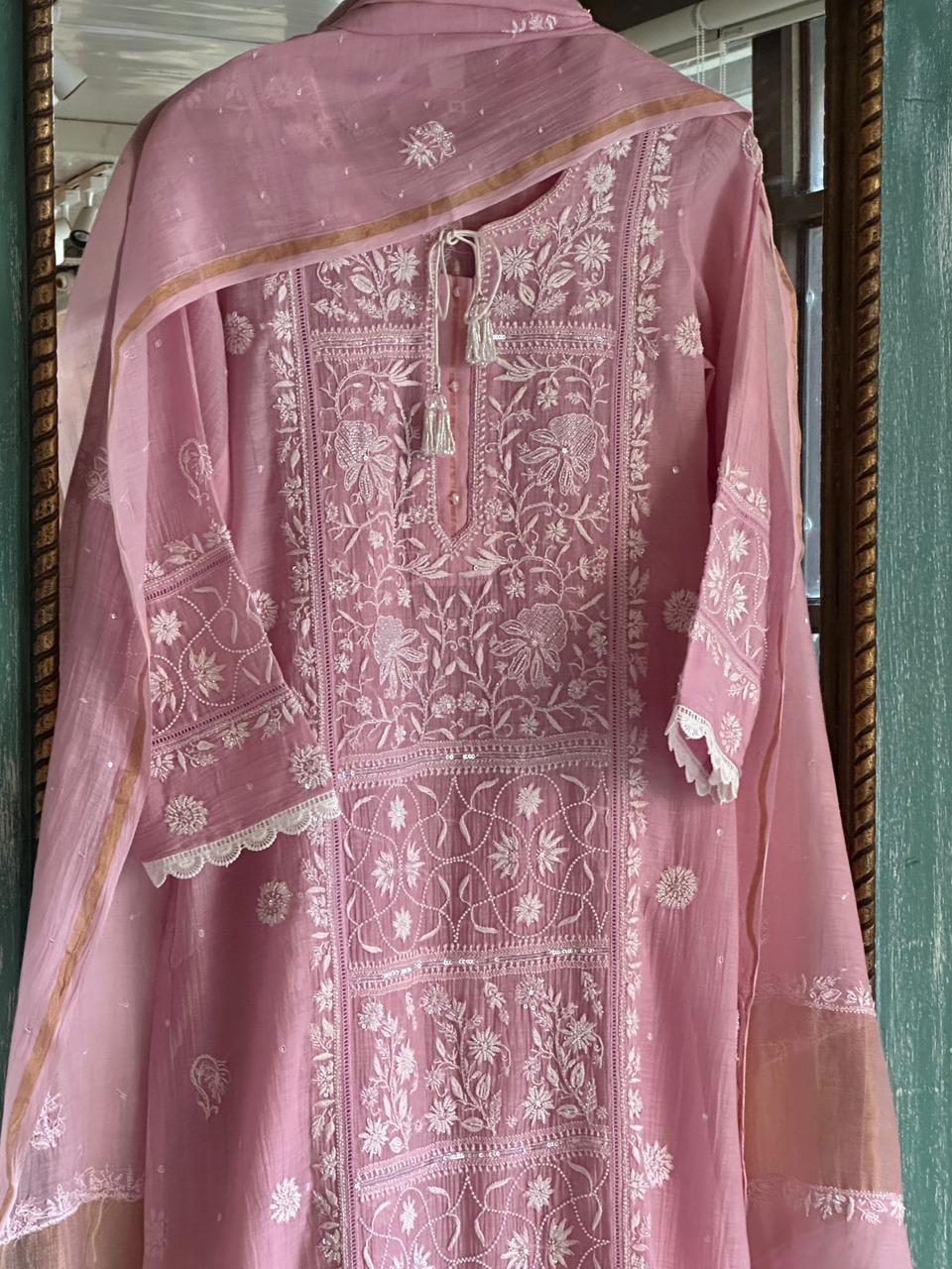 Pastel Pink Shade Malmal Pearl Work Chikankari Kurta With Dupatta