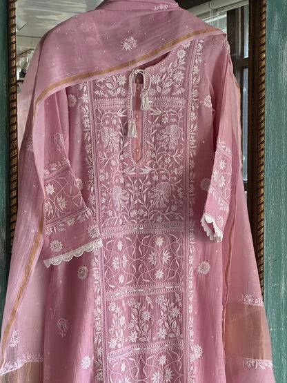 Pastel Pink Shade Malmal Pearl Work Chikankari Kurta With Dupatta