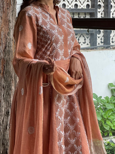 Coral Peach Shade Tissue Silk Chikankari Work Kalidar Kurta Dupatta Set