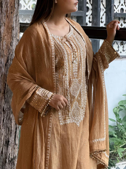 Crush Mul Heavy Chikankari Yoke Kurta Set