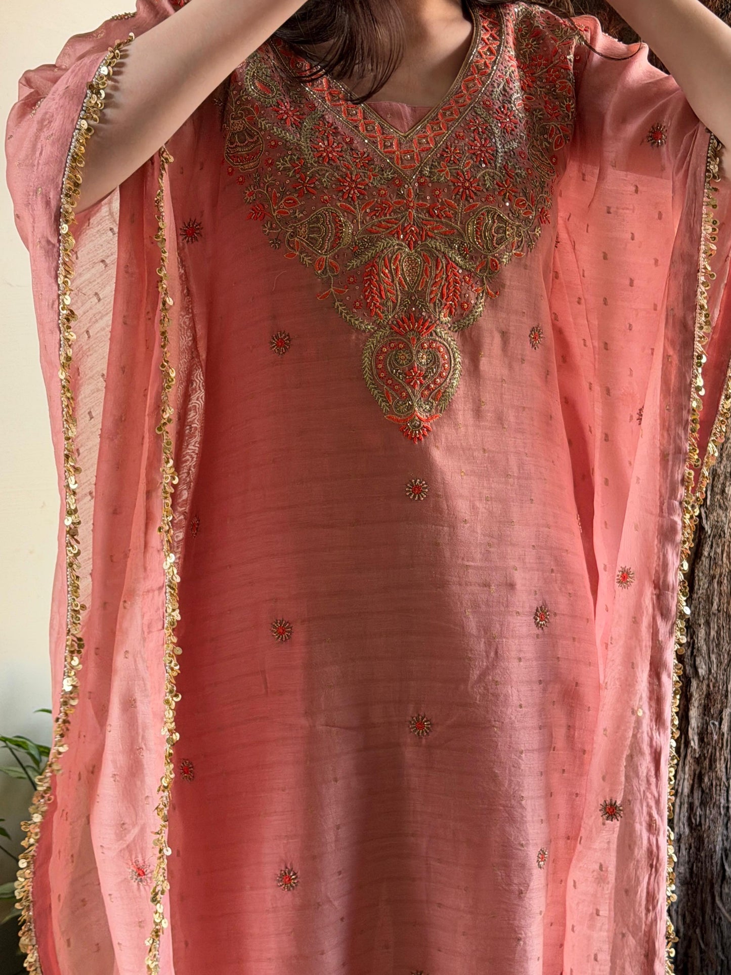 Peach Shade Zari Chanderi Chikankari Kaftan