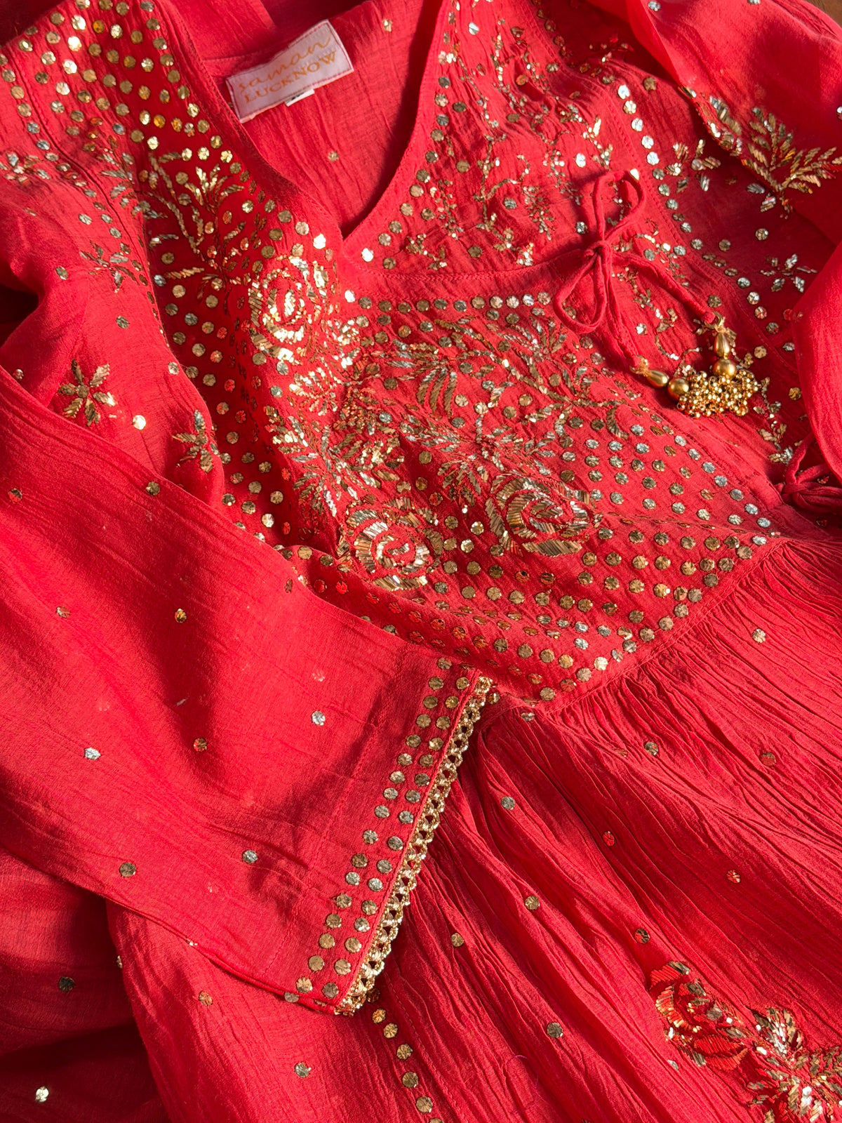 Red Mukaish Kamdani Mul Chanderi Angarkha