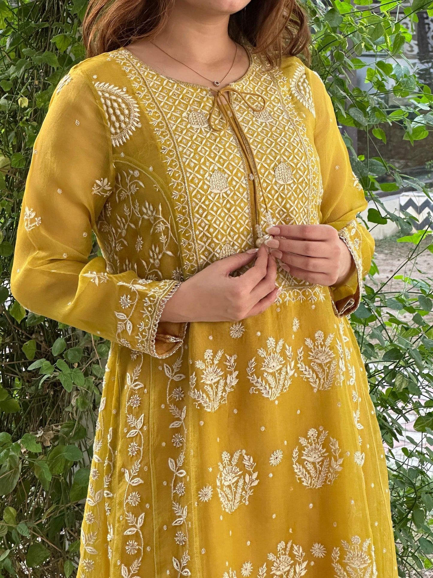 Yellow Noor Organza Chikankari Anarkali Kurta With Dupatta