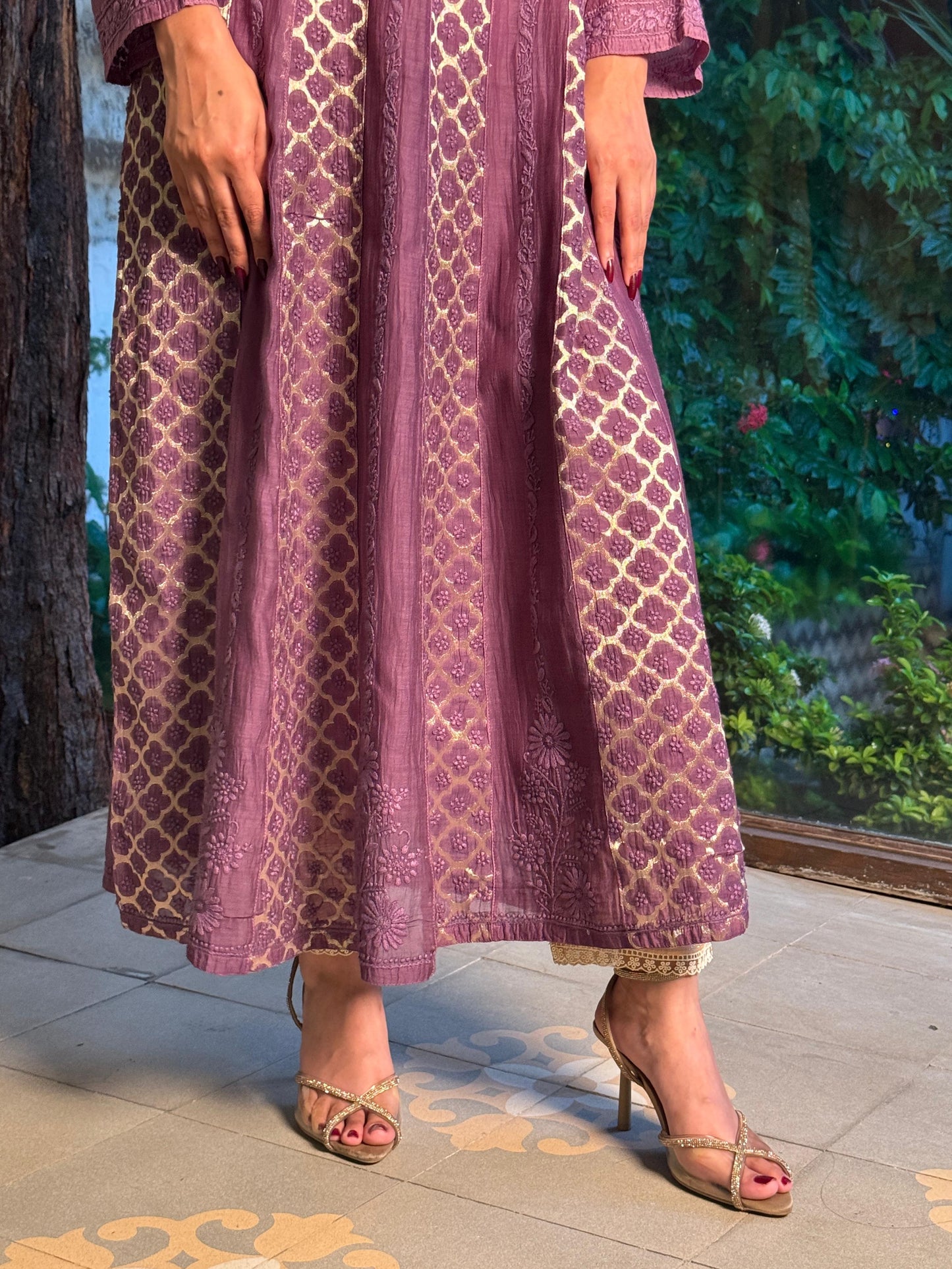 Purple Zari Chanderi Chikankari A Line Kurta with Slip