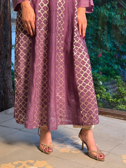 Purple Zari Chanderi Chikankari A Line Kurta with Slip