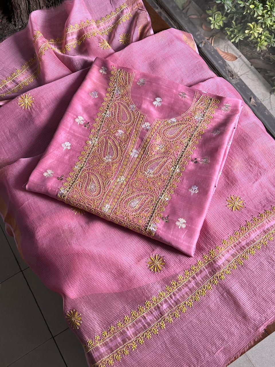 Pink Shade Zari Booti Fine Chikankari With Kamdani Work Unstitched Fabric