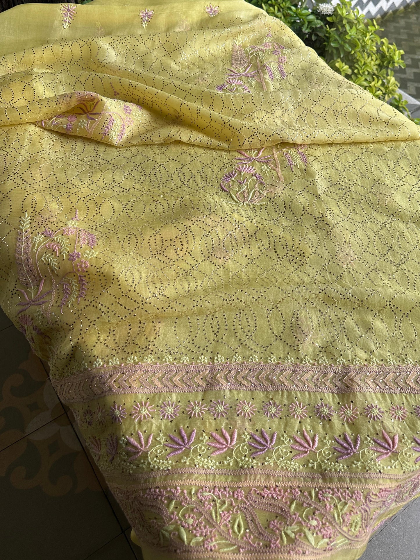 Pineapple Yellow | Noor Organza Silk Chikankari With Kamdani Fabric