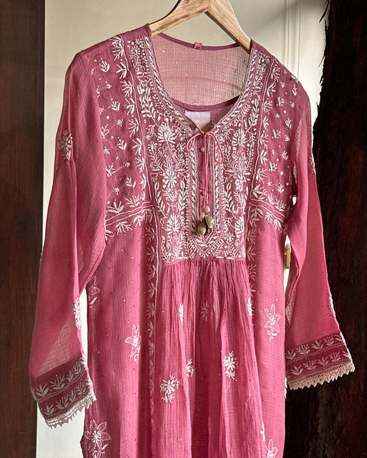 Onion Pink Kota Chikankari with Mukaish Kamdani Tunics