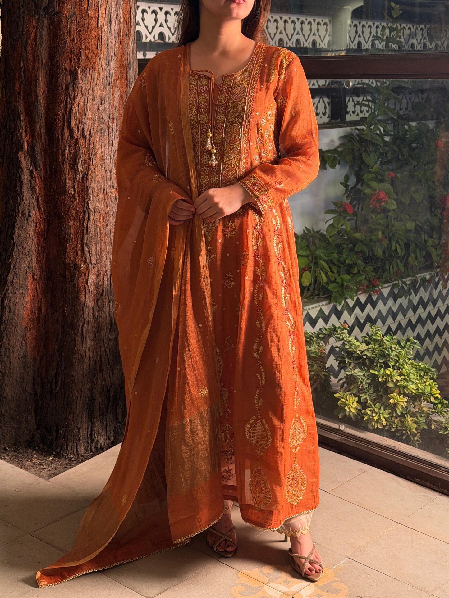 Rust Orange Shade Tissue Silk Chikankari Anarkali With Ari Work