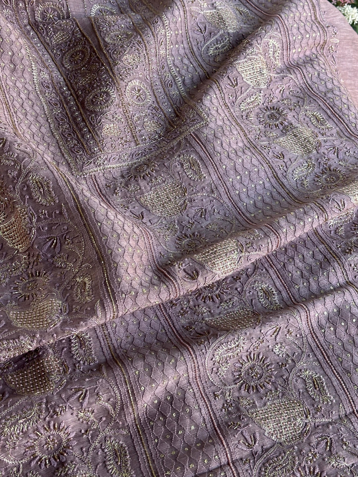 Purple Shade Linen Silk Chikankari With Ari Work Unstitched Kurta Dupatta Set