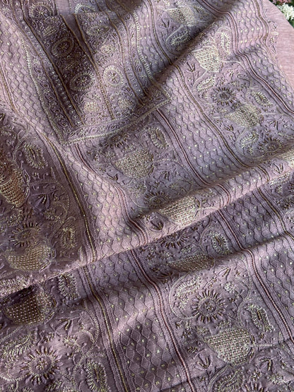 Purple Shade Linen Silk Chikankari With Ari Work Unstitched Kurta Dupatta Set