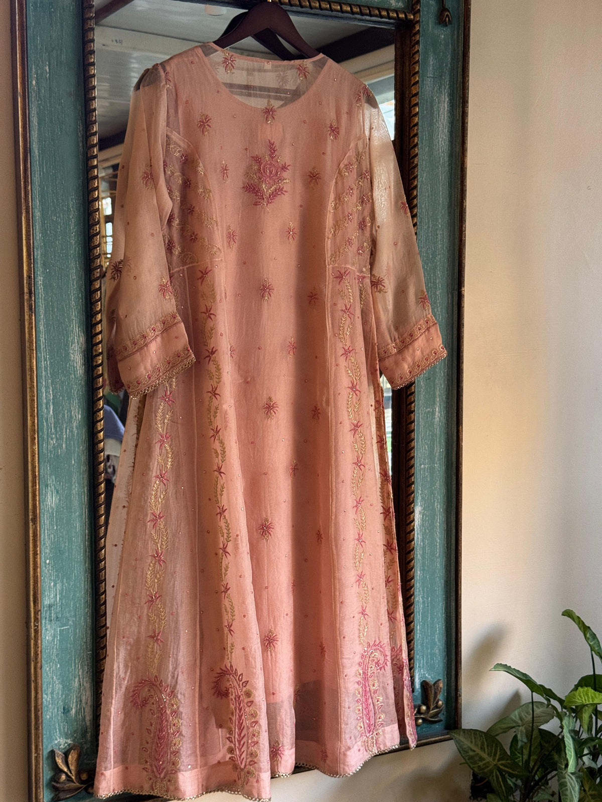Pearl Peach Shade Noor Organza Chikankari A Line Kurta With Dupatta