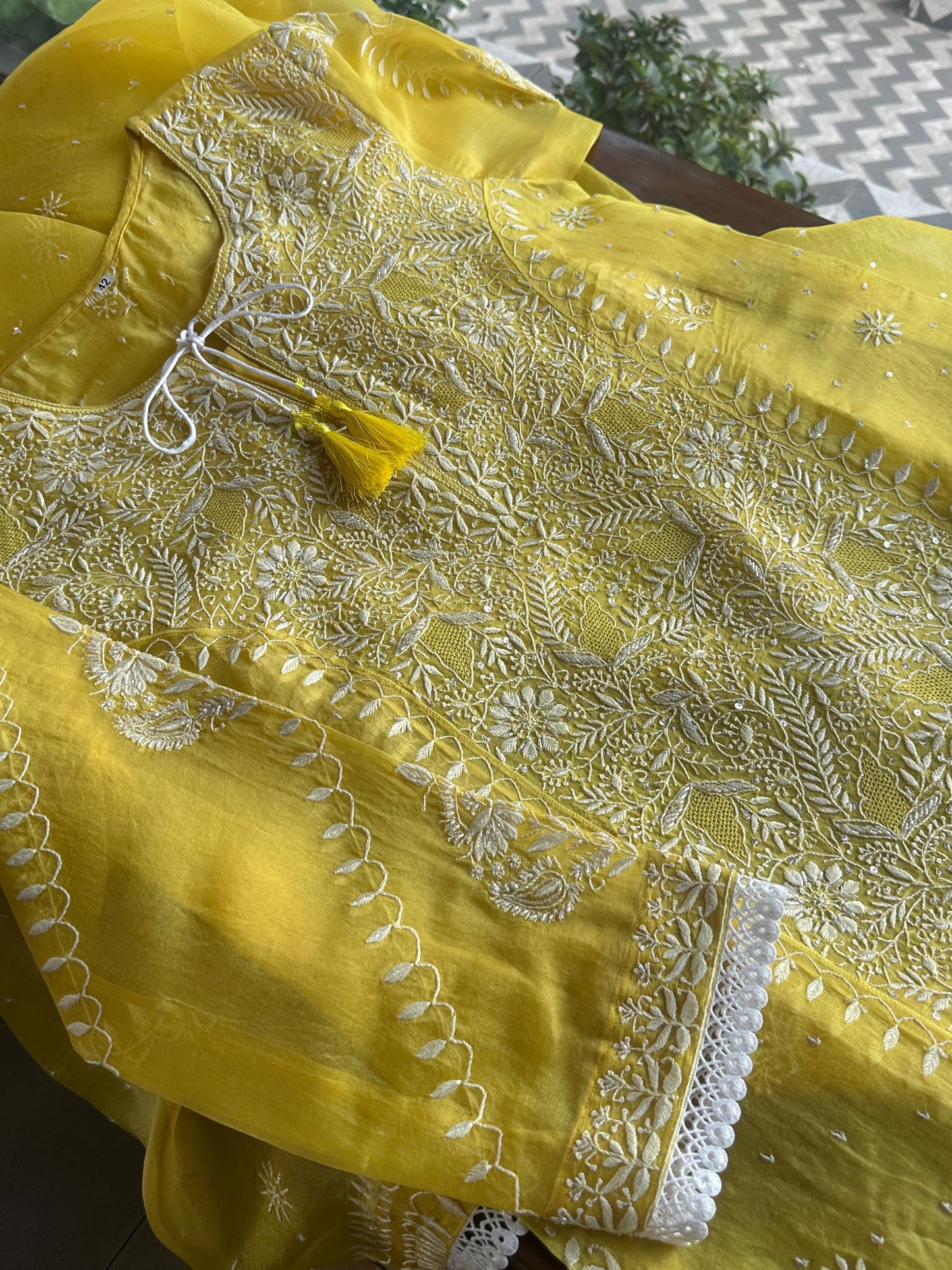 Yellow Noor Organza Silk Chikankari Straight Cut Kurta Dupatta Set