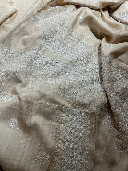 Semi Stitched Natural Tussar Silk Chikankari Kurta Dupatta Set
