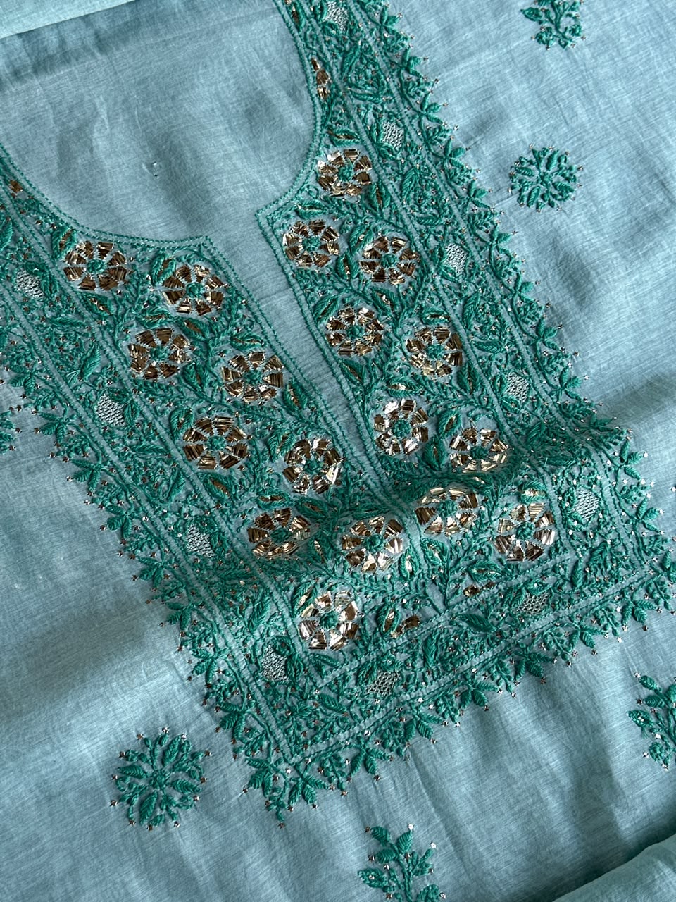 Blue Shade Mal Cotton Chikankari Unstitched Kurta Dupatta Fabric With Mukaish Badla