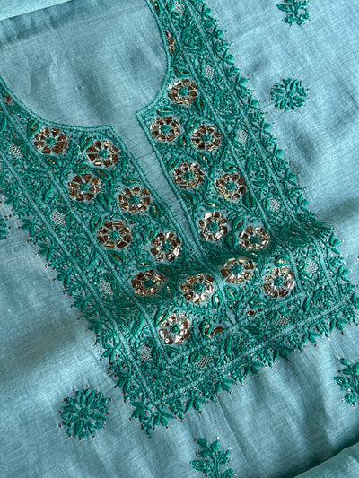 Blue Shade Mal Cotton Chikankari Unstitched Kurta Dupatta Fabric With Mukaish Badla