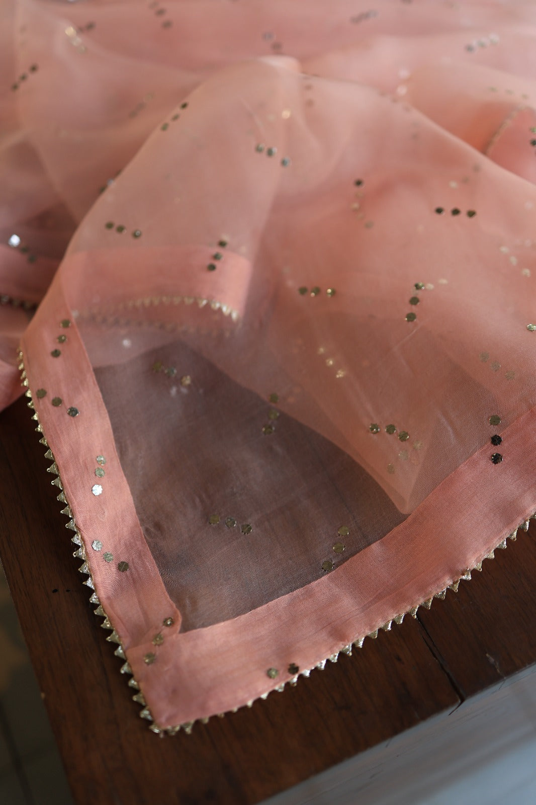 Coral Peach Shade Noor Organza Silk Badla Unstitched Kurta Dupatta Set
