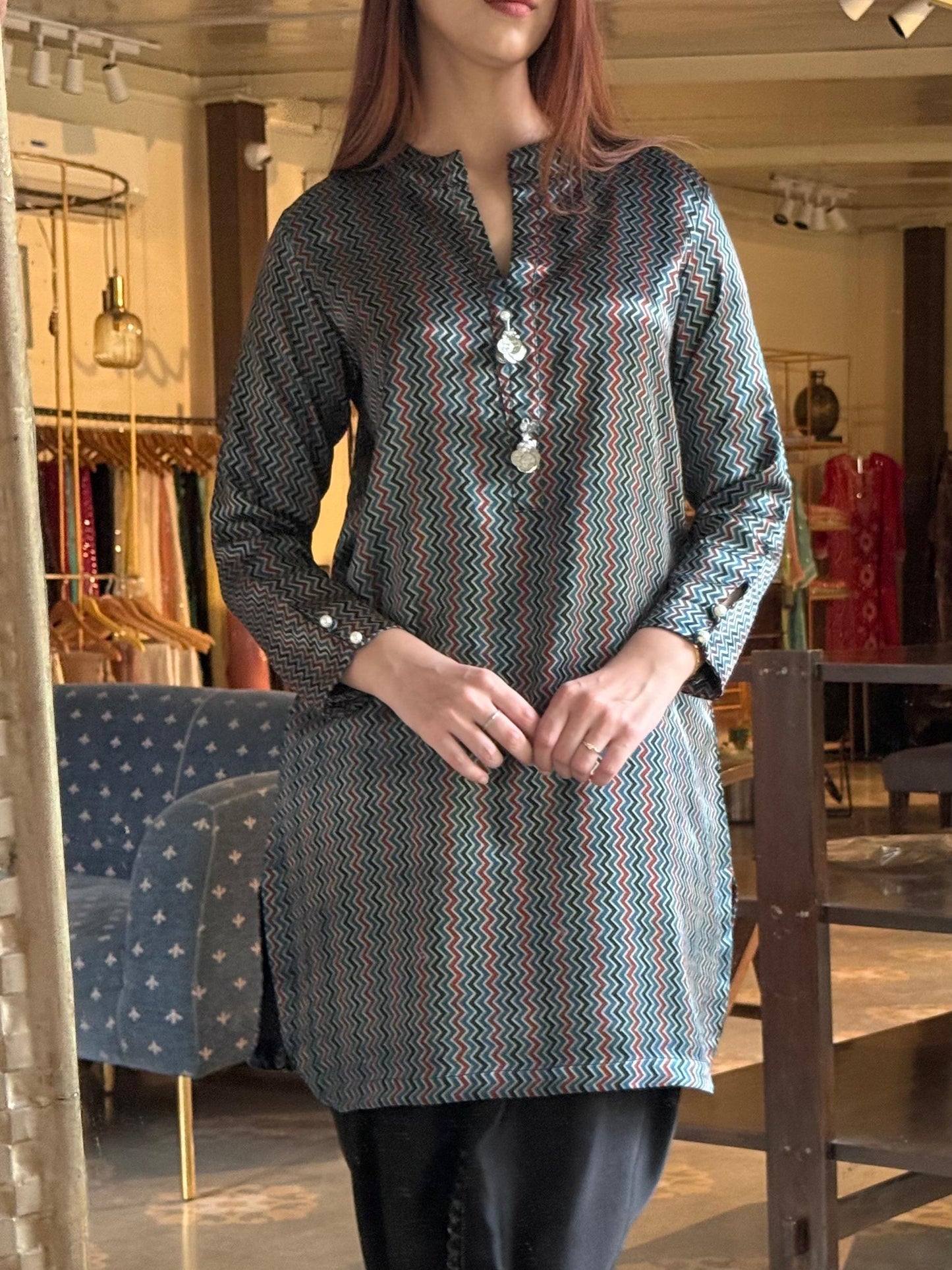 Ajrak Blue Multi Shade Mashru Silk, Short Kurta