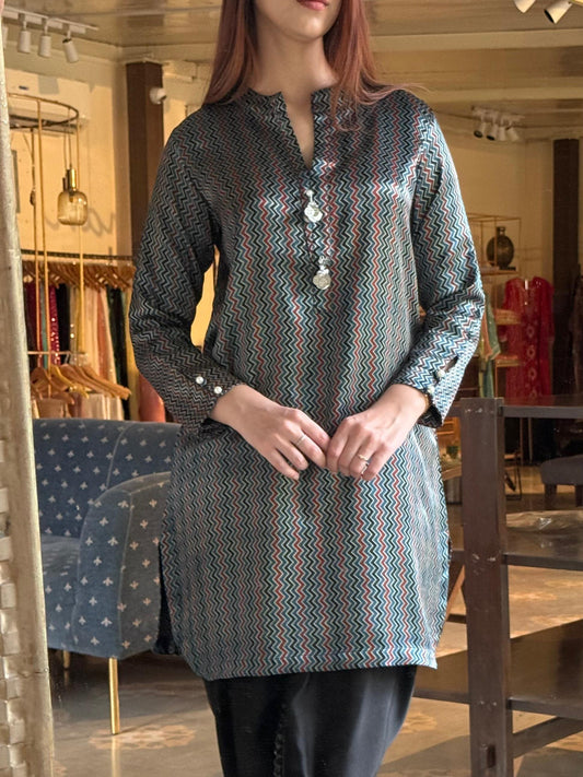 Ajrak Blue Multi Shade Mashru Silk, Short Kurta