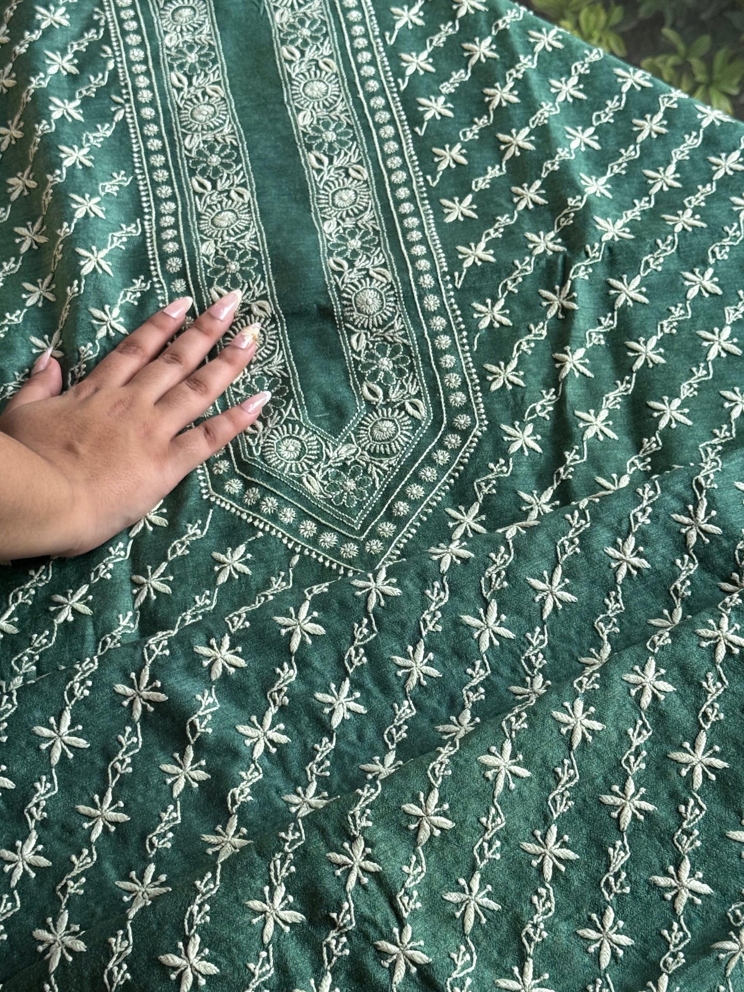 Green Moonga Silk Chikankari Men’s Kurta Fabrics