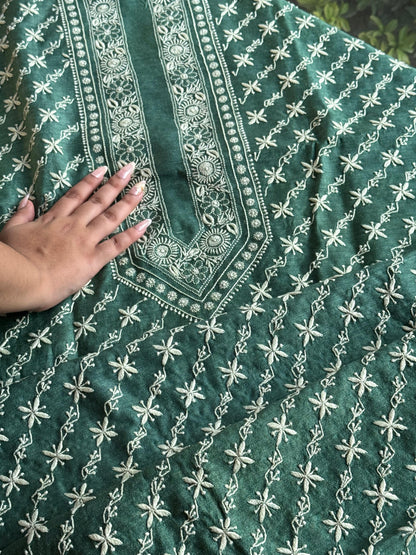 Green Moonga Silk Chikankari Men’s Kurta Fabrics