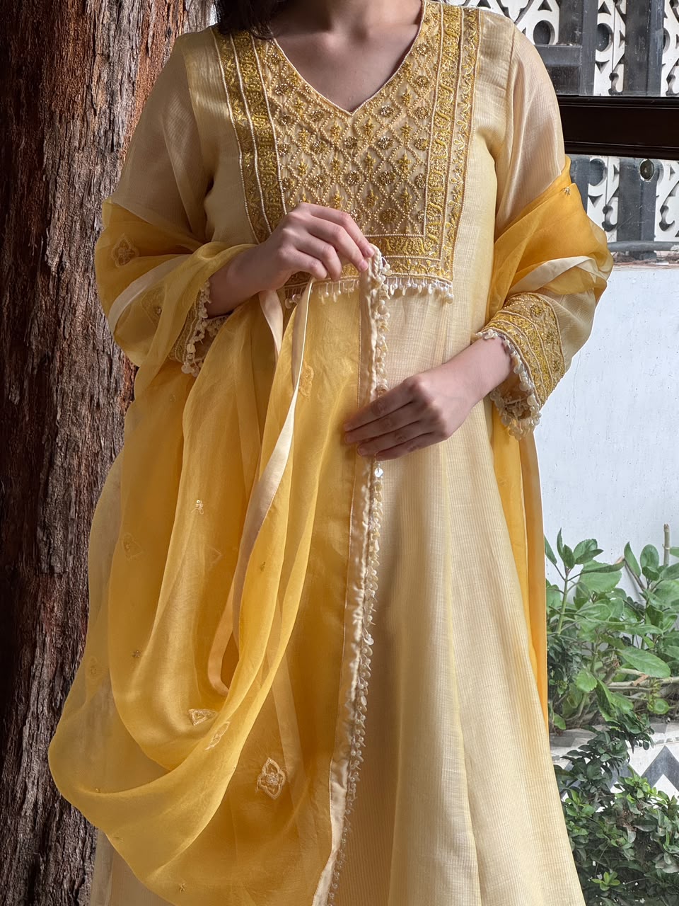 Butter Yellow Maheshwari Chikankari Kalidar Kurta Set