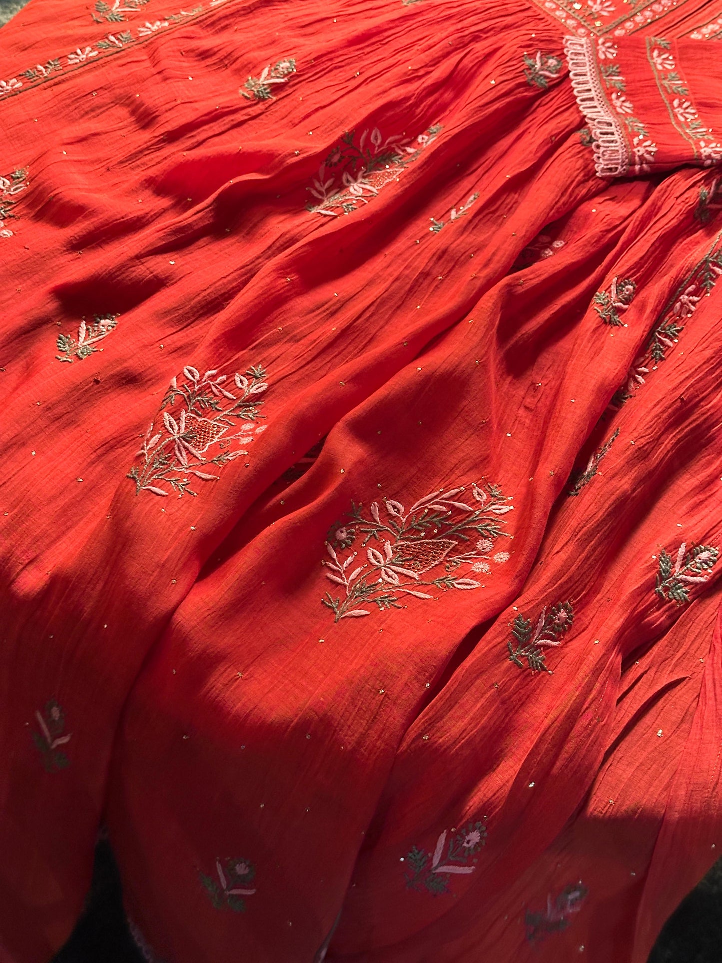 Saman Tomato Red | Malmal Mukaish Kamdani Chikankari Stitched Kurta Dupatta Set