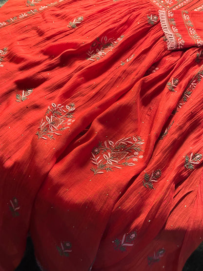 Saman Tomato Red | Malmal Mukaish Kamdani Chikankari Stitched Kurta Dupatta Set