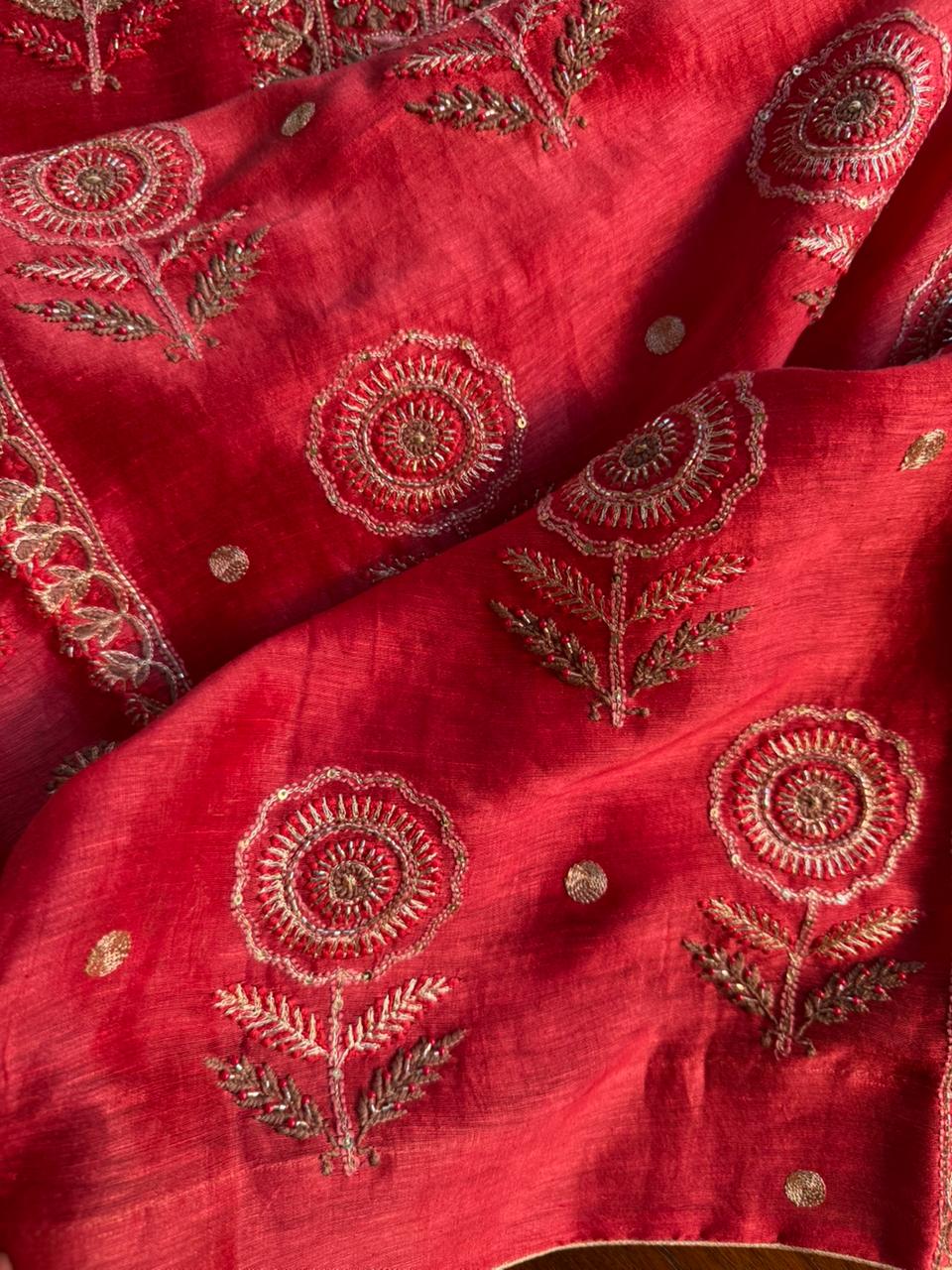 Brick Red Linen Silk Chikankari With Ari Work Unstitched Kurta Dupatta Set