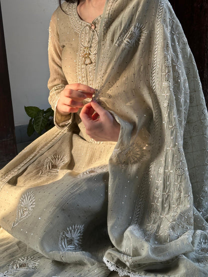 Grey Green Mulmul Pearl White Chikankari Kurta With Heavy Dupatta