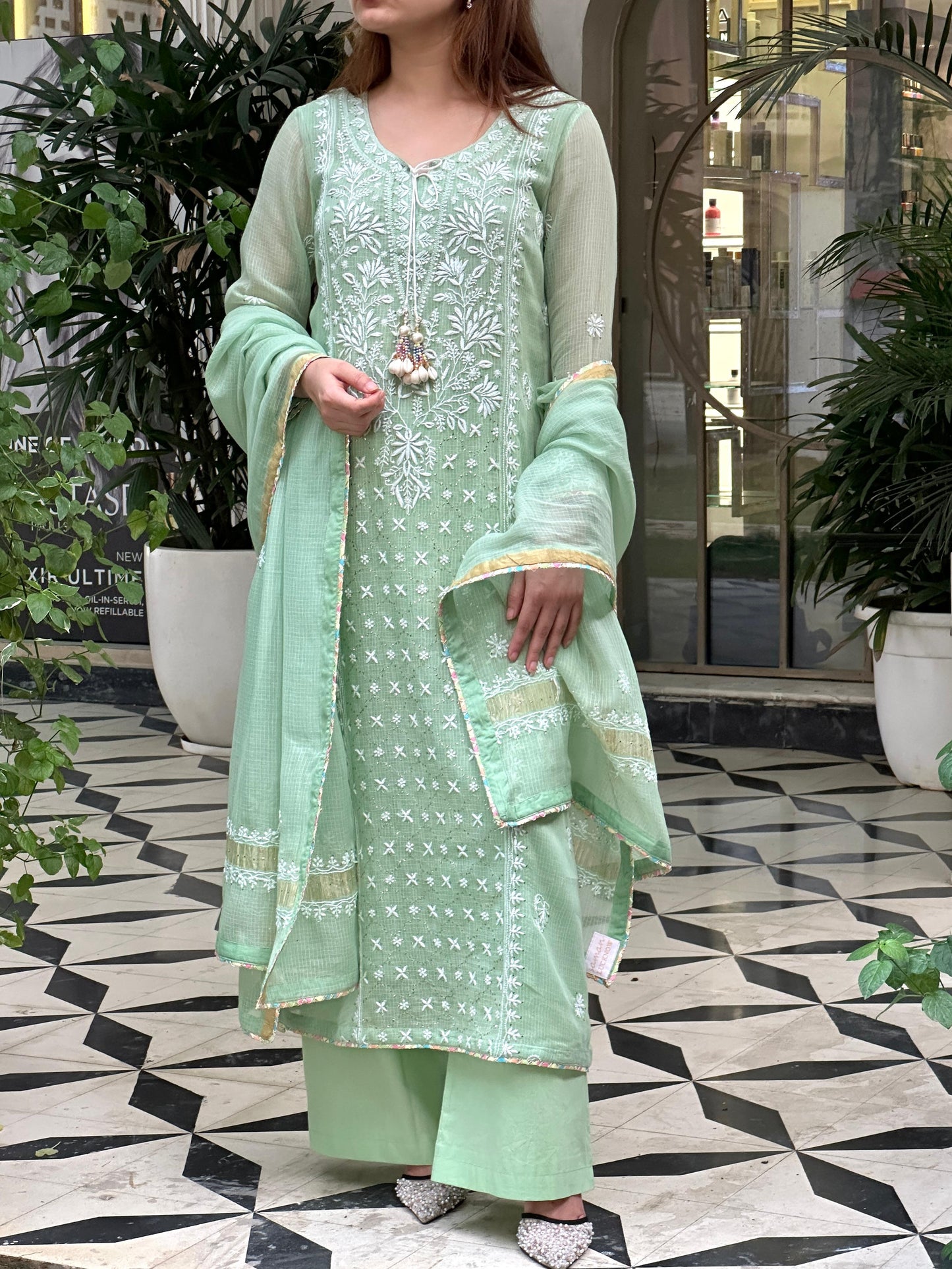 Green Shade Kota Applique Chikankari Kurta Dupatta Set