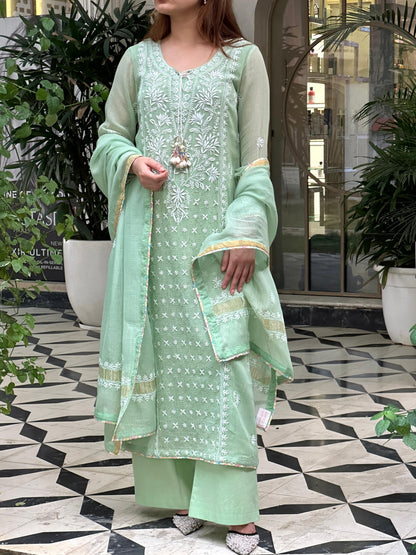 Green Shade Kota Applique Chikankari Kurta Dupatta Set