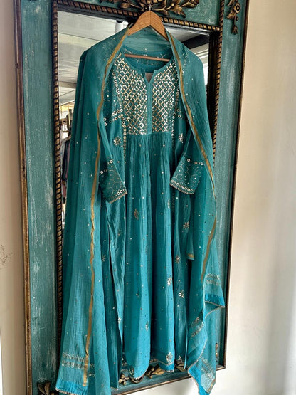 Sea Green Shade Mukaish Mul Chanderi Silk Dress