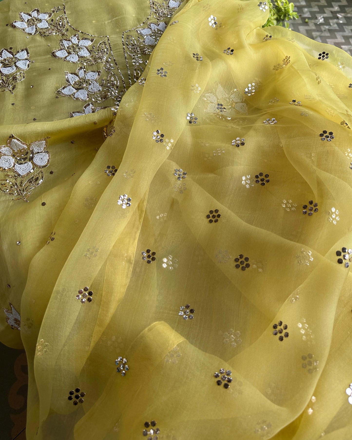 Yellow Noor Organza Silk Mukaish Pearl Chikankari Unstitched Fabric