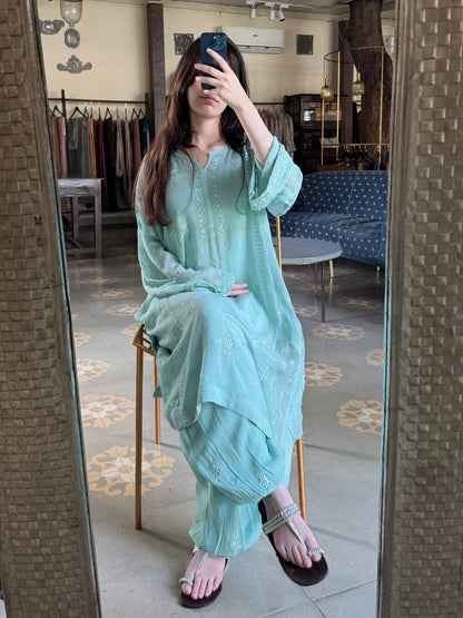 Pastel Sea Green Chiffon Kurta with Afghani Salwar – Fine Chikankari Work